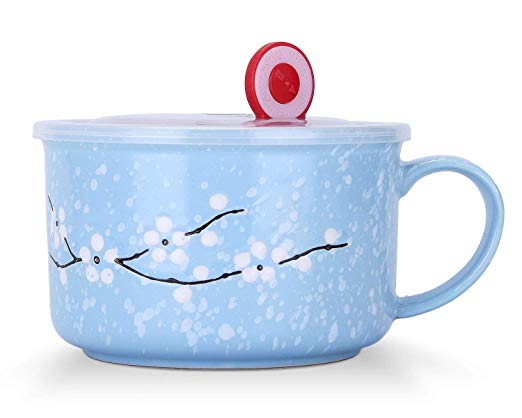 VanEnjoy 30oz Ceramic Bowl Set with Lid & Handle,Cherry Blossoms Among Snow Flake Pattern,Microwave for Instant Noodle Sara, Cereal Bowl (Blue)