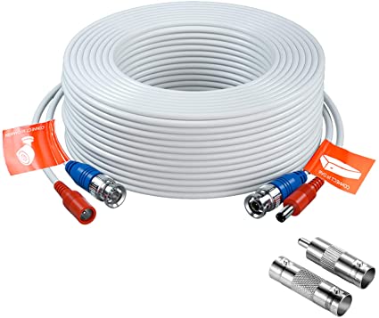 ZOSI 1 Pack 100ft (30 Meters) 2-in-1 Video Power Cable, BNC Extension Surveillance Camera Cables for Video Security Systems (Included 1X BNC Connectors and 1X RCA Adapters)-White Color