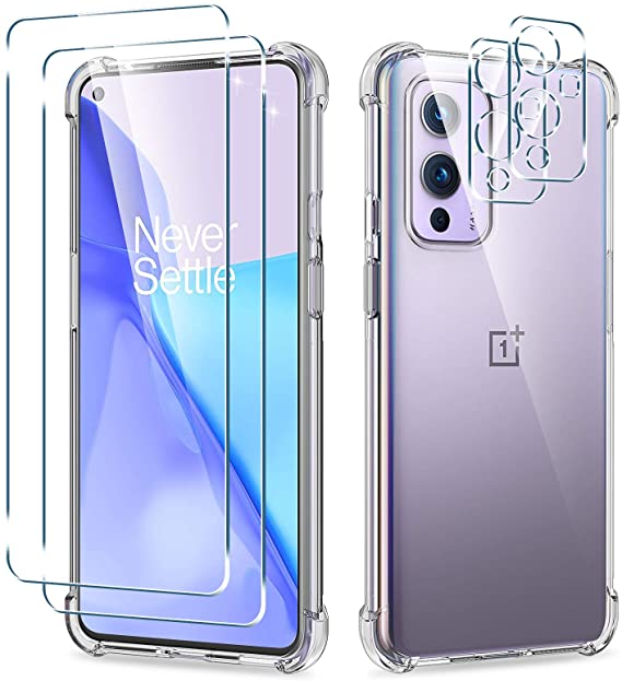[5 in 1] WRJ Clear Case   Screen Protector [2 Packs] with Camera Lens Screen Protector [2 Packs] for OnePlus 9,Anti-Scratch Tempered Glass and HD Clear TPU Case