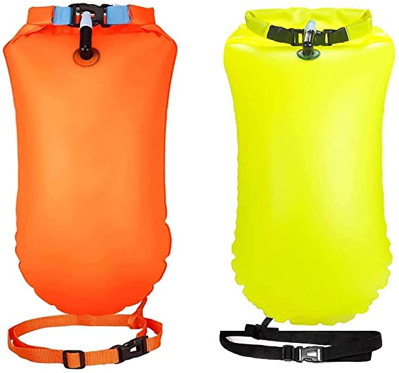 YW 2 Pack Waterproof Dry Bags 20L Swim Bouy Float Swimming Marine Safety Inflatable Bubble Bag Visible with Storage Space & Adjustable Waist Belt,Lightweight for Swimmer,Training,Kayaking,Snorkeling