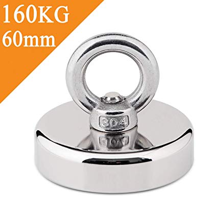 Uolor Upgraded Round Neodymium Magnet, 160KG Pulling Force N40 Magnetic Grade Super Strong Fishing Magnet with Eyebolt for Magnet Fishing and Retrieving in River, Diameter 60mm - Thickness 15mm