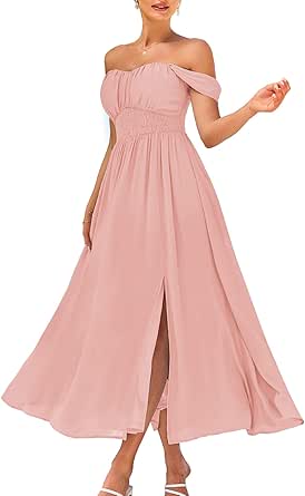 GRACE KARIN 2024 Women's Summer Solid Flowy A Line Dresses Sleeveless Smocked Off Shoulder Maxi Dress