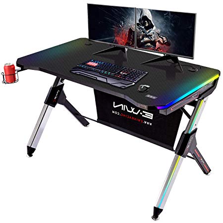 EWIN Gaming Desk, RGB Lighting Computer PC Gaming Table with Carbon Fiber Desktop and Cup Holder for Home Office Workstation
