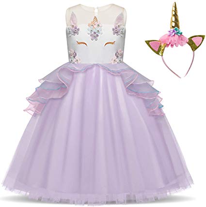 NNJXD Flower Girls Unicorn Costume Pageant Princess Party Ruffles Dress