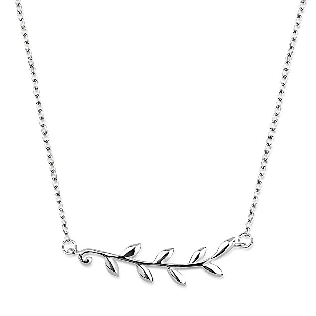 925 Sterling Silver Single Sideways Leaf Leaves Branch Bar Shape Pendant Necklace, 18 inches