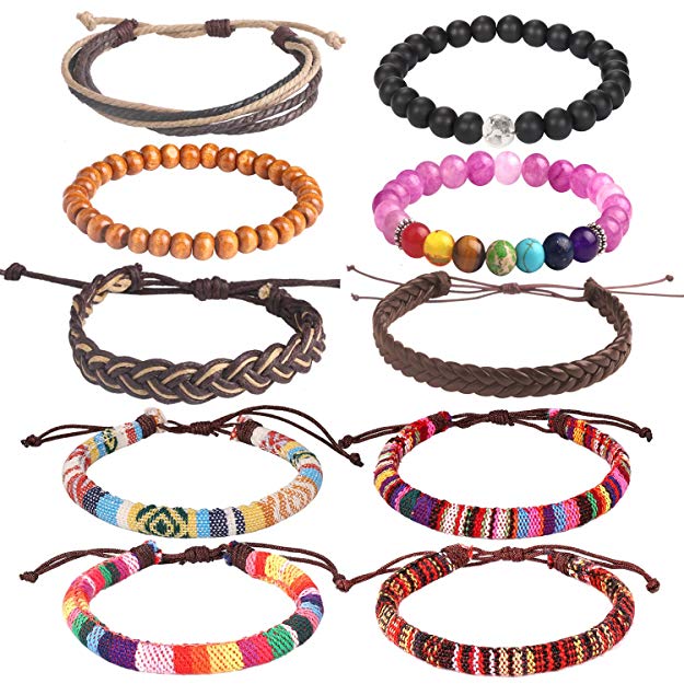 Forever & Ever Leather Chakra Bead Tribal Bracelet - (Unisex) 12 Pack Charm Ethnic Hand Knit Boho String Hemp Wood Beaded Bracelets for Men Women Girls Jewelry Wristbands