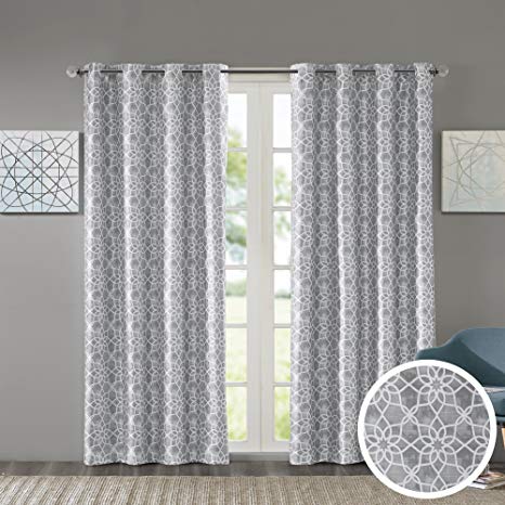 Comfort Spaces Room Darkening Curtains for Bedroom - Yoana Printed Window Curtains Pair - Grey - 42x95 Inch Panel - Energy Saving Black Out Window Curtain - Grommet Top - Include 2 Panels