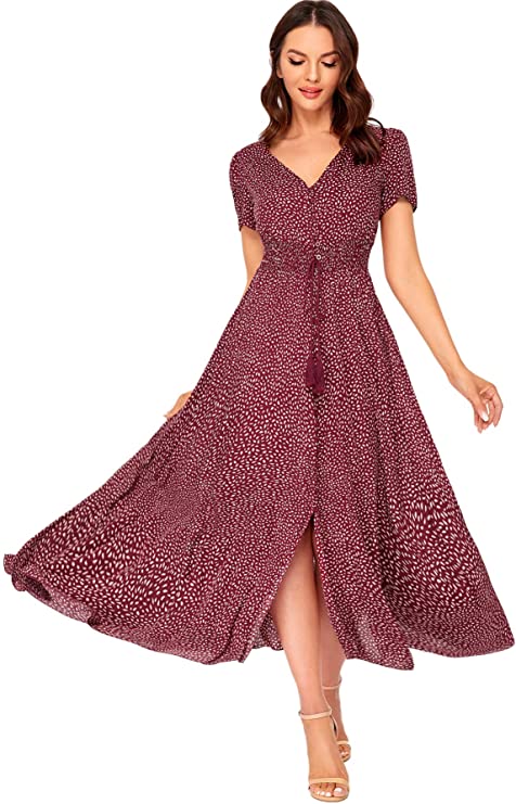 Milumia Women Floral Print Button Up Split Flowy Party Maxi Dress