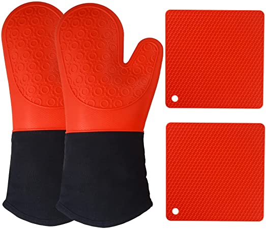 Oven Mitts and Pot Holders - Silicone Oven Mitt, 4-Piece Set, Hot Pads, Trivet Mats, Oven Gloves Heat Resistant- for BBQ, Grilling, Baking, Kitchen, Cooking Gloves with Thicker Quilted Liner (Red)
