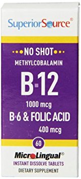 Superior Source No Shot Methylcobalamin Vitamin B12/B6/Folic Acid Tablets, 400 mcg (3-Pack of 60)