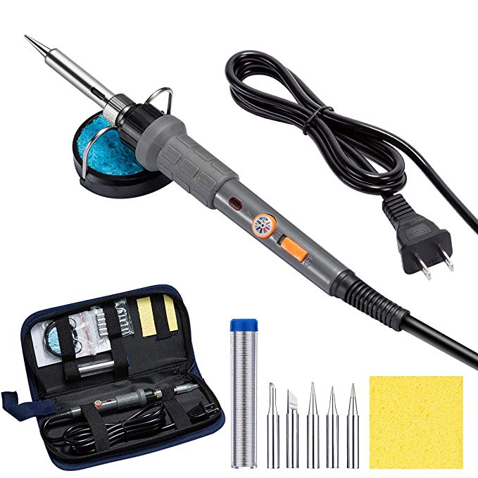 PICTEK Soldering Iron Kit, Solder Iron with LED Indicator and Switch for Safe Use, Electronic Welding Kit with 5pcs Iron Tips, Soldering Stand, Solder Wire, Cleaning Sponge and Carrying Case, 60W 110V