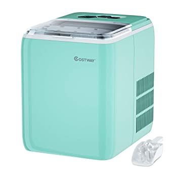 COSTWAY Ice Maker Countertop with Self-cleaning Function, Make 44 Lbs Ice in 24 Hours, Ice Cubes Ready in 8.5 Mins, Ideal for Bar Home and Office, Portable Ice Machine with Ice Scoop and Basket, Green