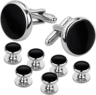 Rovtop Cufflinks and Studs Set for Tuxedo Shirts Business or Wedding with 2 Black Cufflinks and 6 Sliver Studs