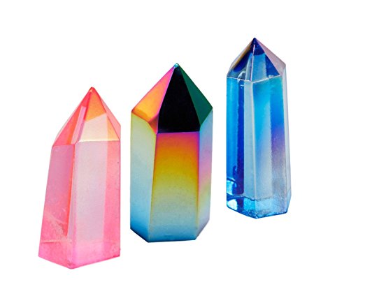 rockcloud Pink&Rainbow&Blue Titanium Coated Healing Crystal Point Faceted Prism Wand Carved Reiki Stone Figurine(Pack of 3)