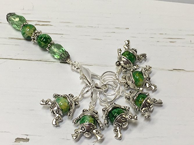 Beaded Frog Stitch Marker Charms & Holder- Knit Jewelry