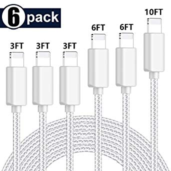HltraSlTrim iPhone Charger, MFi Certified Cable 6 Pack [3/3/3/6/6/10FT] Compatible with iPhone Xs/Max/XR/X/8/8Plus/7/7Plus/6S/6S Plus/SE/iPad Extra Long Nylon Braided USB Charging & Syncing Cord