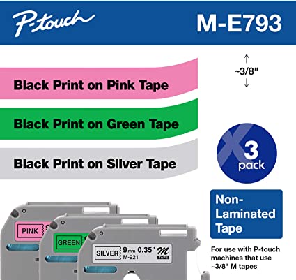 Brother ME793 P-Touch M Tape 3/Pack, Black on Pink, Black on Green, Black on Silver