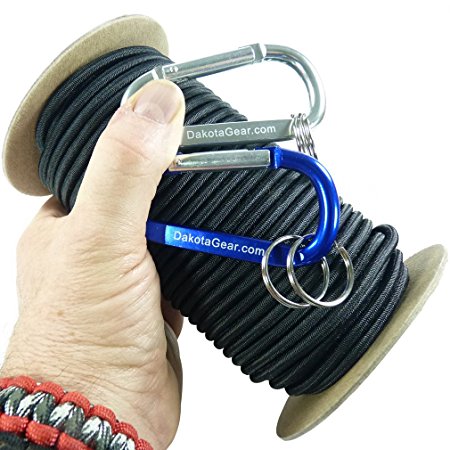 Shock Cord - Marine Grade - Made in USA. Includes 2 Carabiners & Knot Tying eBook.  1/8", 3/16", 1/4" Diameter, 25 / 50 / 100 ft. 6 Colors. Also called bungee cord, stretch cord & elastic cord.