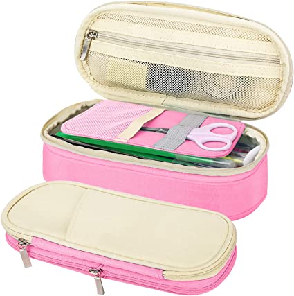 MoKo Large Capacity Pencil Pen Case, Big Capacity Storage Bag Pouch Box, Stationery Organizer with Zippers for Office/School Supplies - Beige & Pink