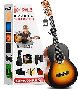 Pyle Beginner Acoustic Guitar Kit, 1/4 Junior Size All Wood Build Nylon Stringed Instrument with Capo, Strap, Extra String Set, Gig Bag, Guitars for Beginners Adults Youth, 30" Sunburst Teardrop Gloss