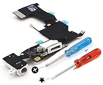 Iphone 5S Dock Connector USB Charging Port Flexcable White Microphone Audiojack Antenna Home Button and Loudspeaker Connector already installed incl. 2 x screwdriver for easy installation by MMOBIEL