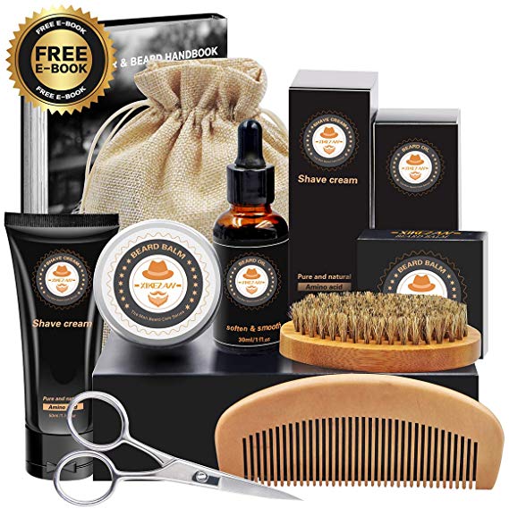 XIKEZAN 8 in 1 Mens Gifts for Men Beard Grooming Kit w/Free Shaving Cream  Unscented Beard Growth Oil Beard Moisturiser Balm Beard Brush Beard Comb Beard Scissor Travel Bag Gift Box for Beard Care