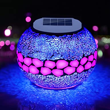 Pandawill Mosaic Solar Glass Garden Decoration Light, Rechargeable Color-Changing Solar Table Lamp, Waterproof LED Night Light for Garden, Party, Bedroom, Patio, Indoor/Outdoor Decoration, Ideal Gift