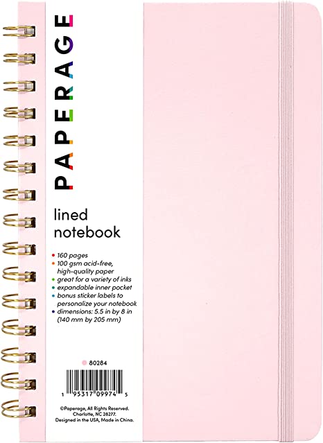 PAPERAGE Lined Spiral Journal Notebook, (Blush), 160 Pages, Medium 5.7 inches x 8 inches - 100 GSM Thick Paper, Hardcover, Double-Wire Spiral Journal & Notebook