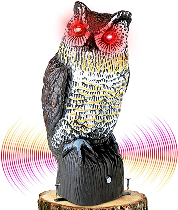 Plastic Owl to Keep Birds Away,Owl Scarecrows with Flashing Eyes&Frightening Sound,Owl for Bird Control for Garden Yard Outdoor
