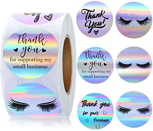 500 Pieces Thank You for Supporting My Small Business Stickers Eyelash Stickers Round Shape Adhesive Holographic Stickers Rainbow Lash Label Stickers for Business Boutiques Shop, 6 Styles