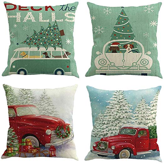 FOOZOUP Happy Christmas Throw Pillowcase Car Tree Home Decor Cushion Cover for Sofa Couch (Set of 4)