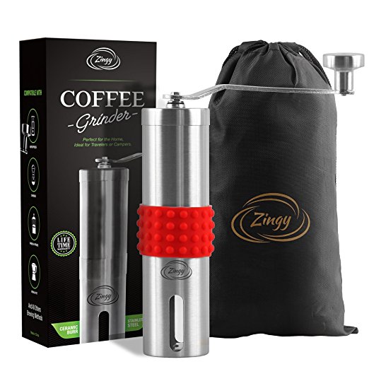 Portable Manual Coffee Grinder By Zingy- Aromatic Espresso, French Press- Spice Mill- Stainless Steel, Aeropress Compatible-Non-Slip Silicone Grip,Bonus Storage Bag,Measuring Spoon & Cleaning Brush