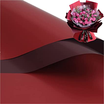 XICHEN 20 Sheets/Double-Sided Colors Flower Wrapping Paper,Waterproof Florist Bouquet Paper,DIY Crafts,more colors Different Double-Sided Colors 58 x 58cm(22.8x 22.8 inch) (Wine red   Crimson)