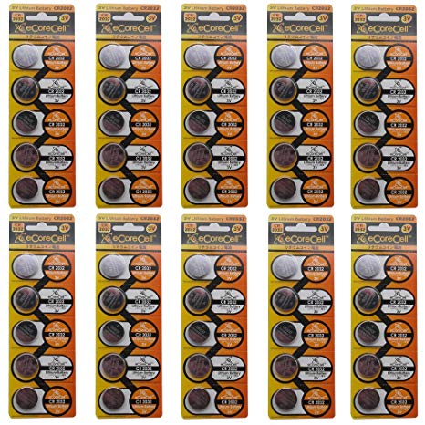 eCoreCell (50pcs) CR2032 5004LC 3V 3 Volt Lithium Single Use Non-rechargeable Button Coin Cell Battery