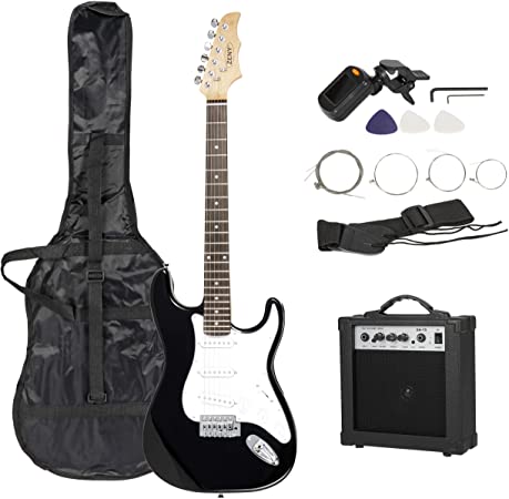 ZENY 39in Electric Guitar Full Size Beginner Starter Kit with Case Bag, Shoulder Strap, 15W Amplifier, Strings, 3 Picks, Tremolo Bar, Tuner (Black)