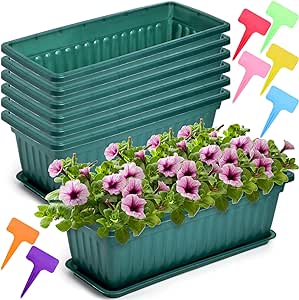 Fasmov 7 Pack 17 Inches Flower Window Box Plastic Vegetable Planters with Trays Vegetables Growing Container Garden Flower Plant Pot with 7 Pcs Plant Labels for Balcony, Patio, Garden, Green