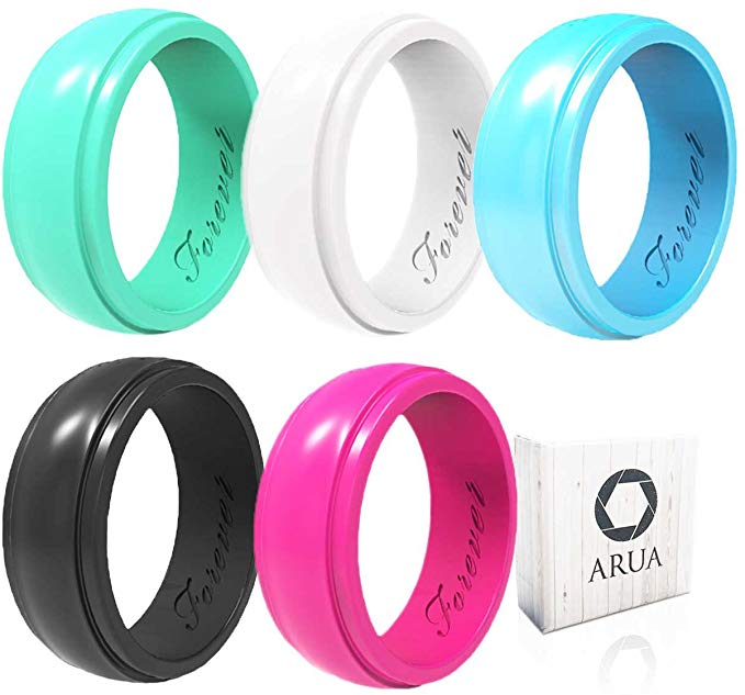 Arua Silicone Wedding Ring for Women 5-Pack - 5 Glossy Wedding Bands. Gift Box Included. Comfortable Rubber Rings for Active Ladies