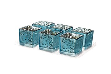 V-More Romantic Small Square Cube Mercury Glass Candle Holder, Votive Candle Holder, Tealight Holder, 2-inch Tall, For Home Decor, Wedding, Party, Celebration (Set of 6, Light Blue)