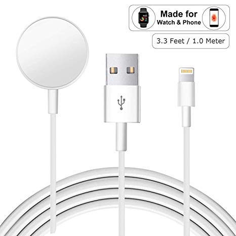 ROITON for Apple Watch Charger, 2 in 1 Wireless Charger Compatible for iWatch Series 4/3/2/1, 3.3 ft /1.0m Charging Cable Cords Support for iPhone X,Xr,Xs,8,7,Plus,6,6S,Xs Max,5,iPad,iPod