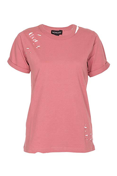 Noroze Womens Short Sleeve Ripped Cut Out Neck T-Shirt