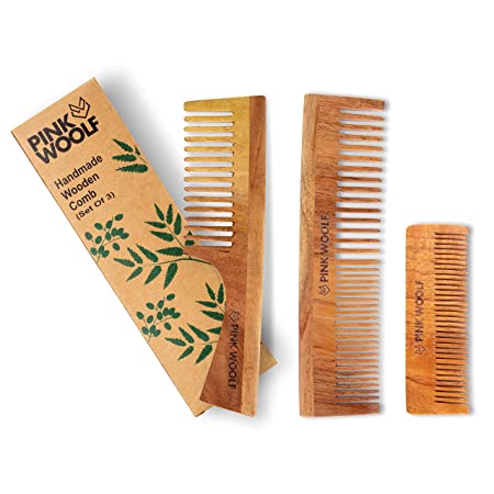 Pink Woolf Handmade Neem Wooden Hair Combs for Women & Men (COMBO) | Natural & Eco-Friendly | Anti-Bacterial Hair Styling Comb with Fine & Wide Teeth Comb | Made in India