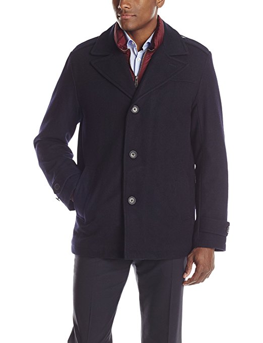 Tommy Hilfiger Men's Wool-Blend Melton Single-Breasted Peacoat with Bib