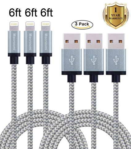 Mscrosmi 3 Pack 6 FT Nylon Braided Lightning to USB Sync Charge Cable Cord with Aluminum Connector for iPhone 6s/6s Plus/6/6Plus/5s/5c/5, iPad/iPod Models (gray)