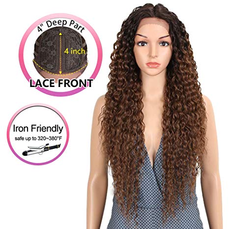 Joedir Lace Front Wigs Ombre Brown 28'' Long Small Curly Wavy Synthetic Wigs For Black Women 130% Density Wigs(TT6/30)