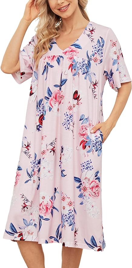 Bloggerlove House Dresses for Women with Pockets Mumu Dresses Short Sleeve Duster Lounge Dress Moo Moos Nightgowns