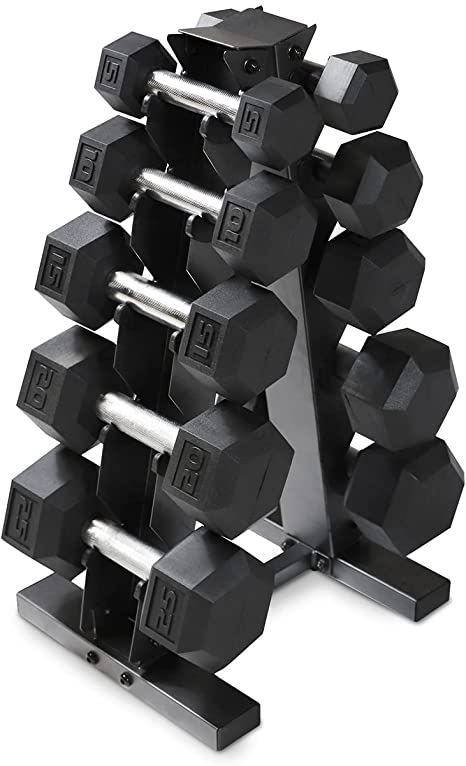 WF Athletic Supply 5-25Lb Rubber Coated Hex Dumbbell Set with A Frame Storage Rack Non-Slip Hex Shape for Muscle Toning, Strength Building & Weight Loss - Multiple Choices Available