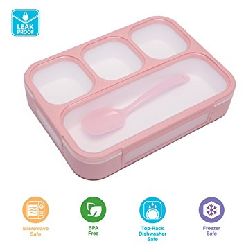 Japanese Lunch Bento Box Leak-Proof Sealing Food Container - 4 Compartments With a Spoon - BPA-free Microwave-Safe Boxes (Pink)