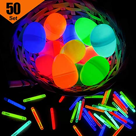 GIFTEXPRESS 50 Easter Eggs   50 Glow Sticks For Easter Egg Hunts, Assorted Colors Glow in The Dark Eggs, Plastic Eggs with Glow in Dark Sticks for Easter Egg Hunts, Easter Basket Stuffers, Bunny Party