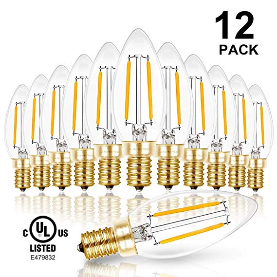 Hizashi Fully Dimmable 90  CRI 2W LED Candelabra Bulb 2700K Warm White, 20W 25W Equivalent 200 Lumen E12 Base LED Bulbs, B10 Clear Glass Bulb, 360 Degrees Beam Angle, UL Listed,12 Pack