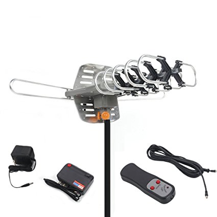 28-36dB 360° UV Dual-band Outdoor Antenna Satellite Television Antennas Set Outdoor Amplified HDTV Digital Antenna Digital TV Antenna with Motorized 360 Degree Rotation 150 Miles Range Support UHF/VHF Signal With Remote Control & Stand & Coaxial Cable 33 ft